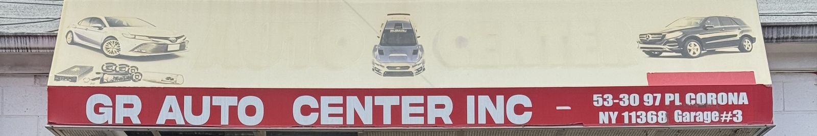 GR Auto Center Inc's red awning sign, reading 53-30 97 Pl Corona NY 11368, Garage #3.